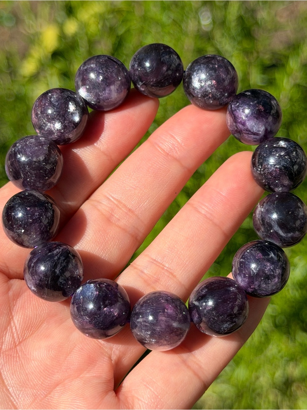 15mm Natural Flashy Dark Purple Lepidolite Beaded‎ Stretch Bracelet 1840